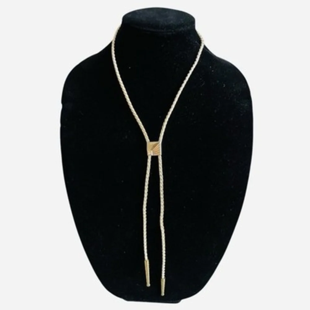 Vintage Gold Tone Square Pendant Crystal Bolo Tie Western Jewelry